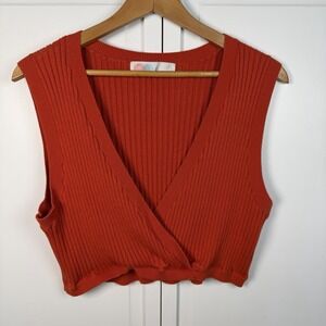 Free People Beach Cropped Tank Top Women's Large Orange Red  V Neck Ribbed